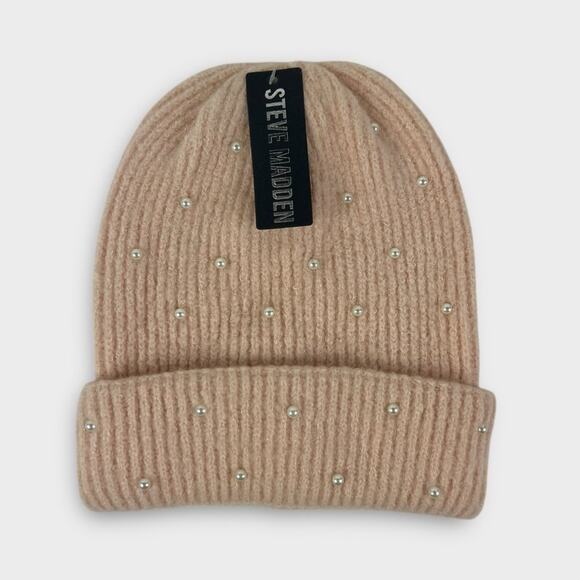 Steve Madden Pearl Embellished Cuffed Knit Winter Beanie Hat NEW - Picture 1 of 3